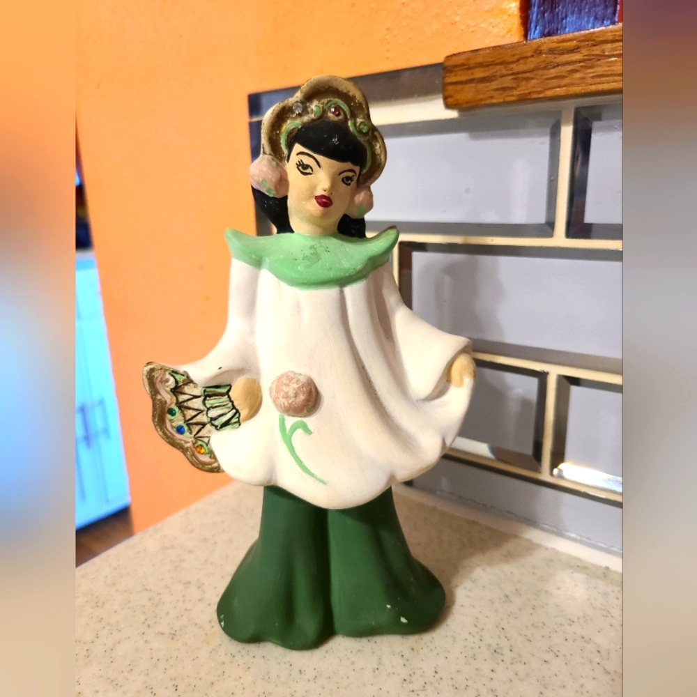 Vintage Ceramic Figurine with Green and White Accents